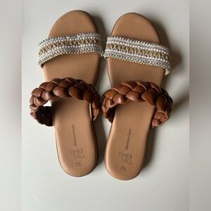 2-Pair Bundle: Black + Tan/Brown/Gold Puff Weave Slip On Sandals (Size 7.5)